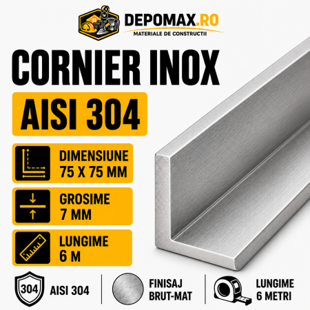 Cornier inox AISI 304, 75 x 75 x 7 mm, 6 metri